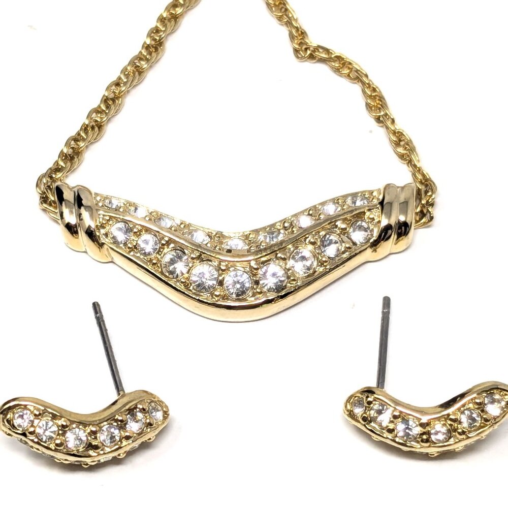 Pave Crystal Boomerang Necklace Earrings Set Gold Tone 17.5" Unsigned Fragments